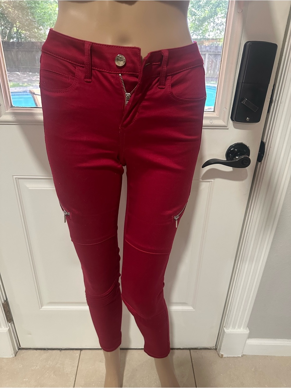 bebe Red Skinny Pants with Zip Detail